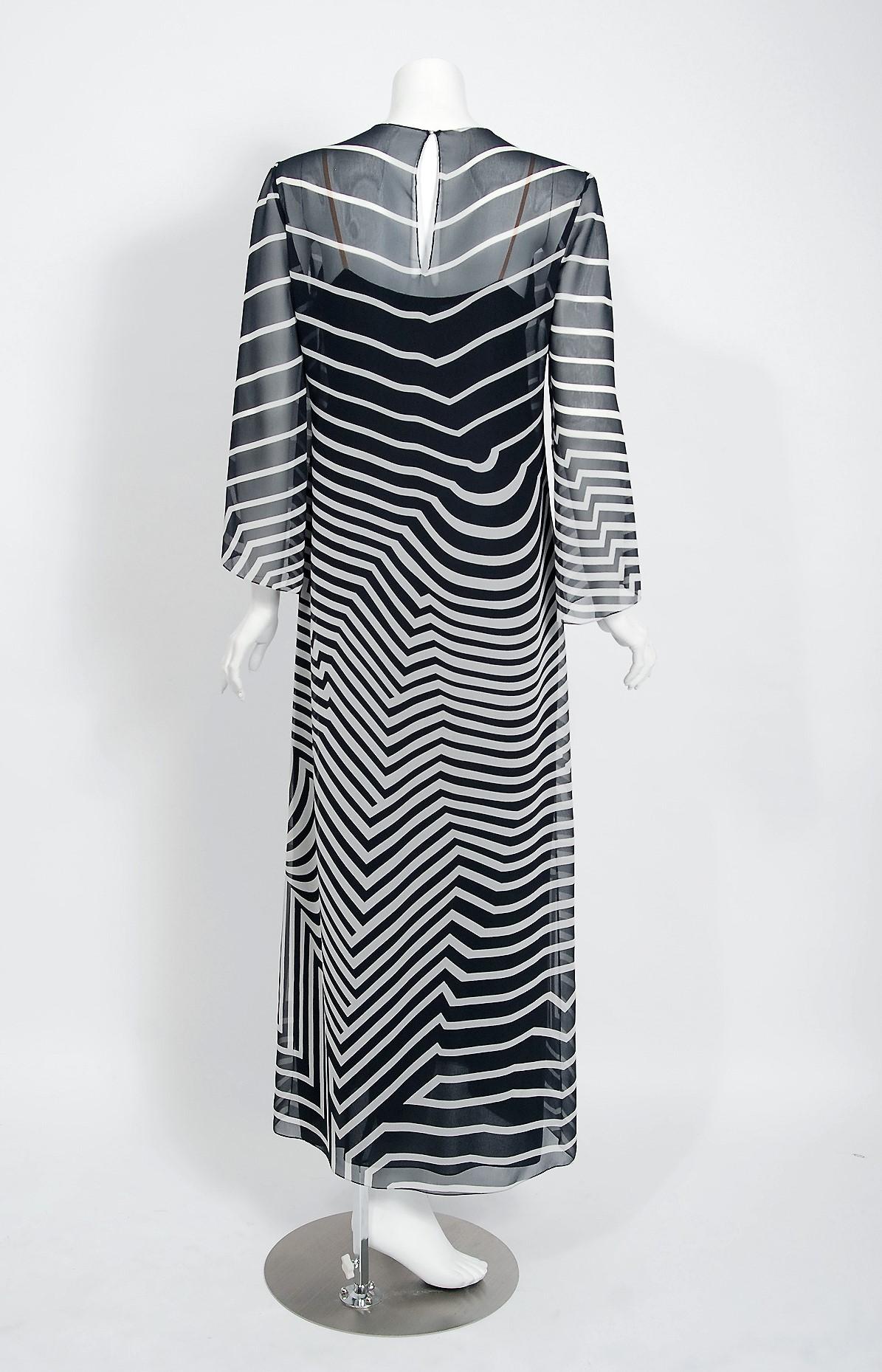 Halston Couture Black and White Graphic Illusion Silk Chiffon Maxi Dress, 1977 2