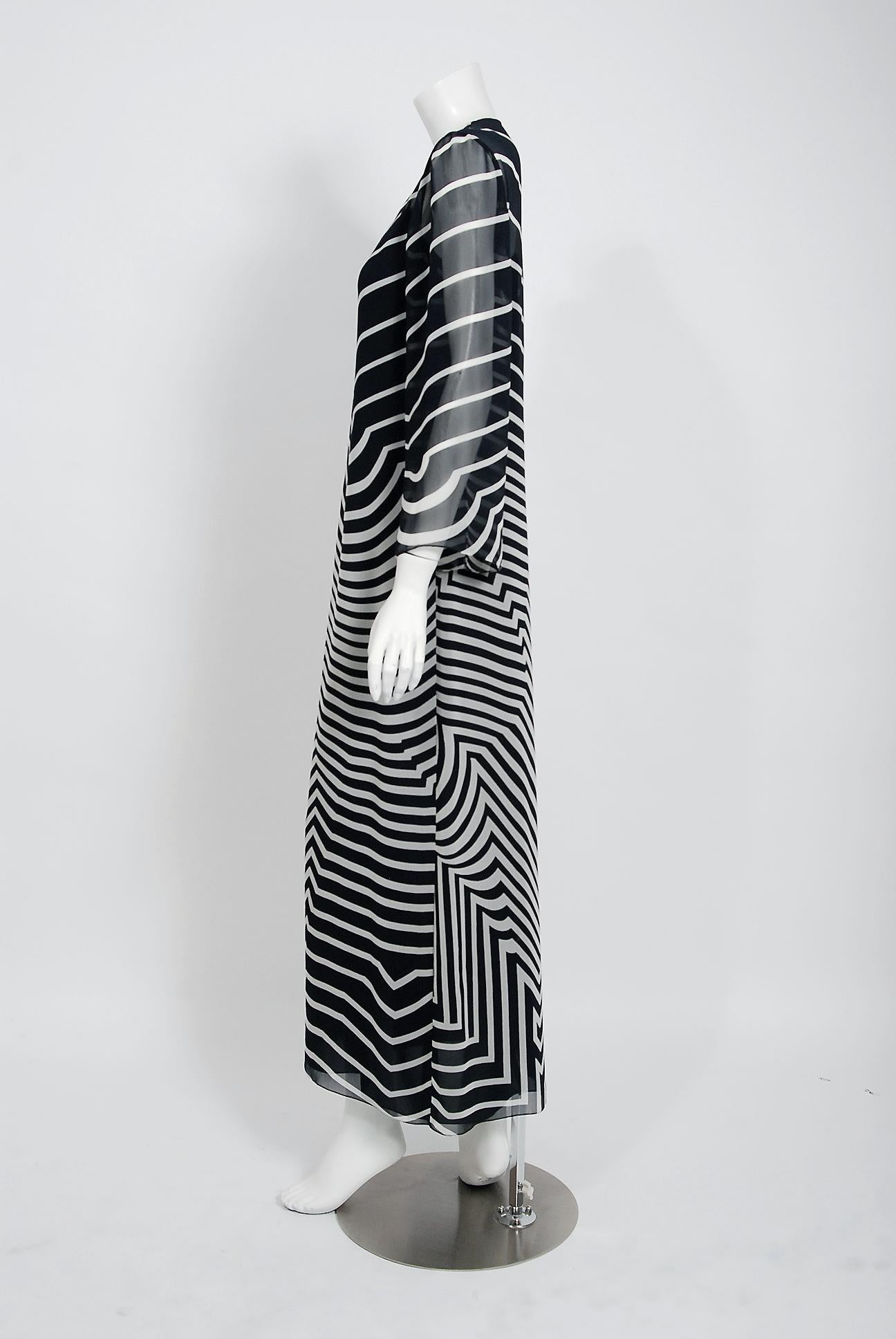 Halston Couture Black and White Graphic Illusion Silk Chiffon Maxi Dress, 1977 1
