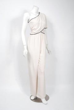 Vintage 1979 Bill Blass Couture Ivory Silk One-Shoulder Asymmetric Jumpsuit