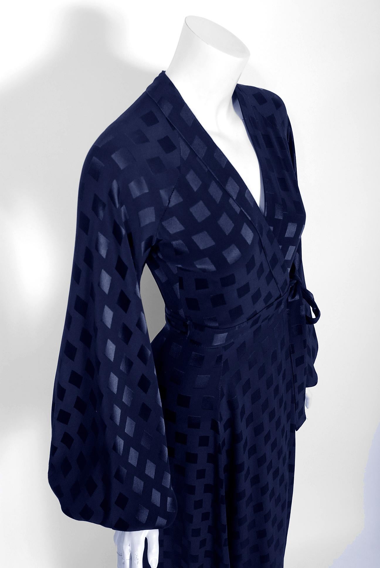 Black Ossie Clark for Quorum Navy Deco Print Satin Backless Billow-Sleeve Gown, 1972  