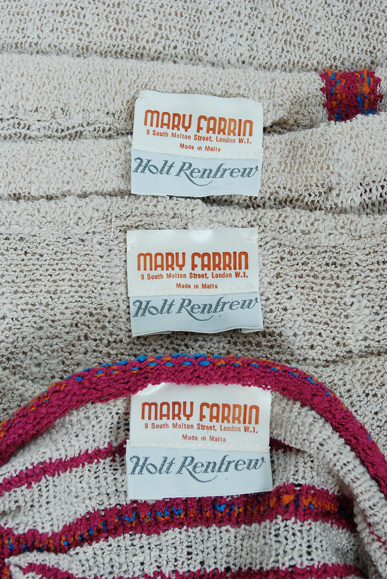 Vintage 1970 Mary Farrin London Beige Raspberry Hand Knit Halter Four-Piece Set 6