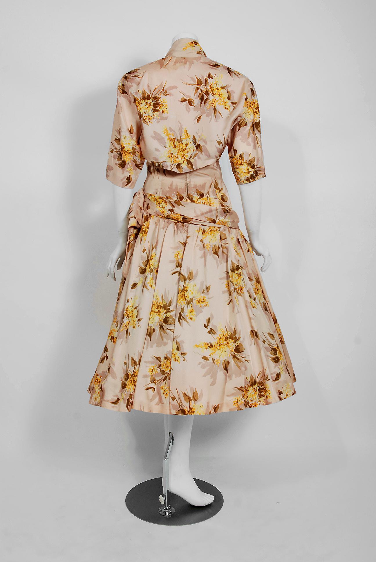 1950's Marigold Floral Print Rayon Ruched Halter Bow Circle-Skirt Dress & Bolero 4