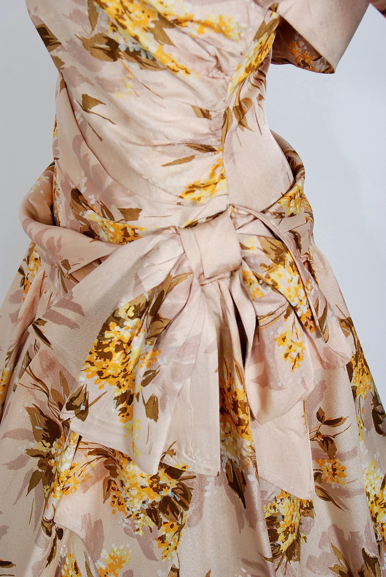 1950's Marigold Floral Print Rayon Ruched Halter Bow Circle-Skirt Dress & Bolero 1