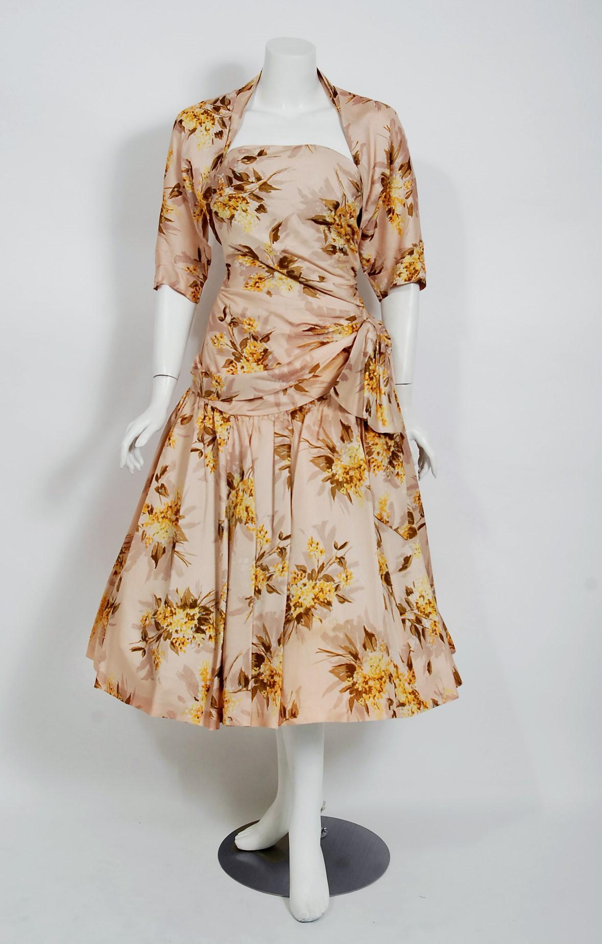 Beige 1950's Marigold Floral Print Rayon Ruched Halter Bow Circle-Skirt Dress & Bolero