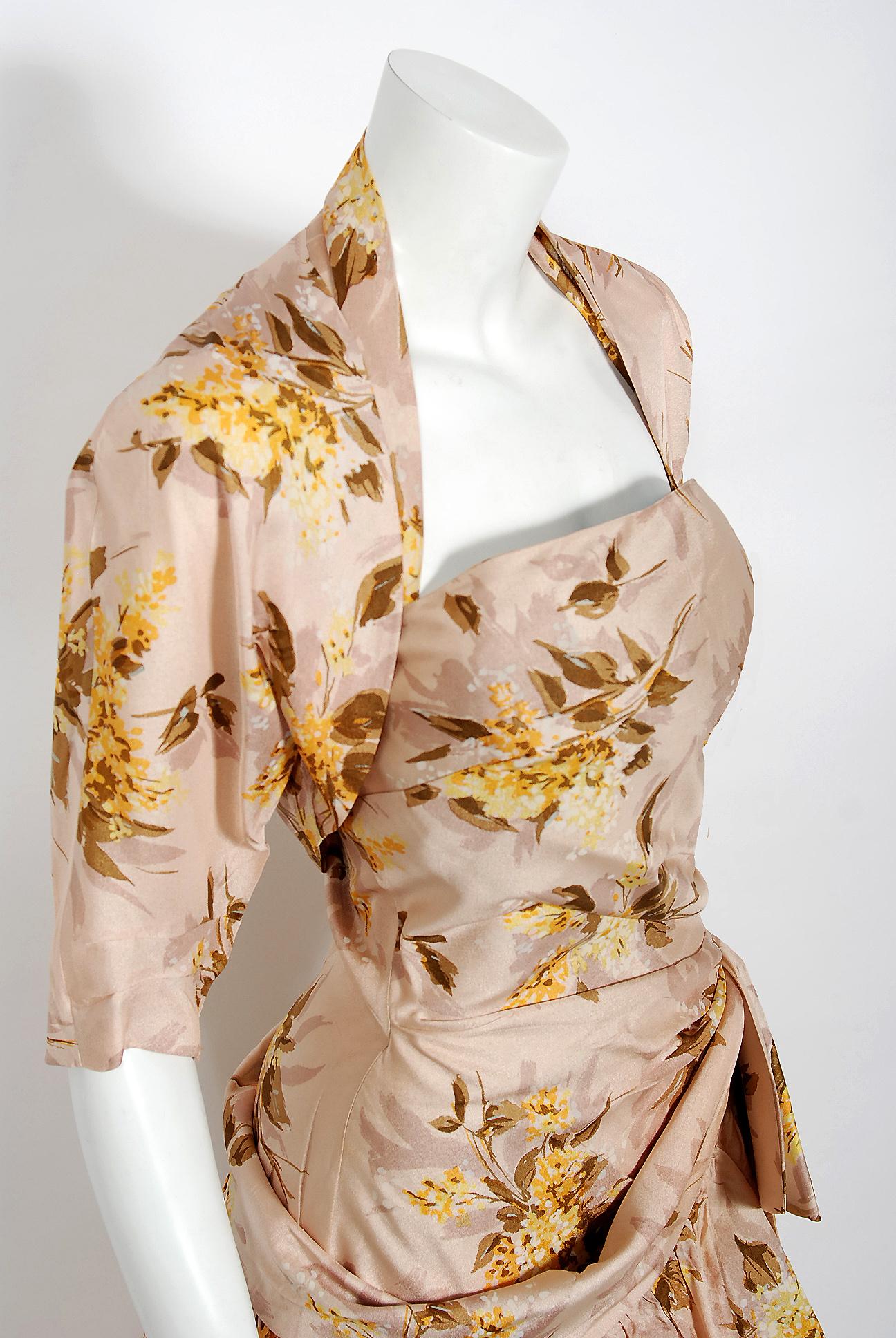 1950's Marigold Floral Print Rayon Ruched Halter Bow Circle-Skirt Dress & Bolero In Excellent Condition In Beverly Hills, CA