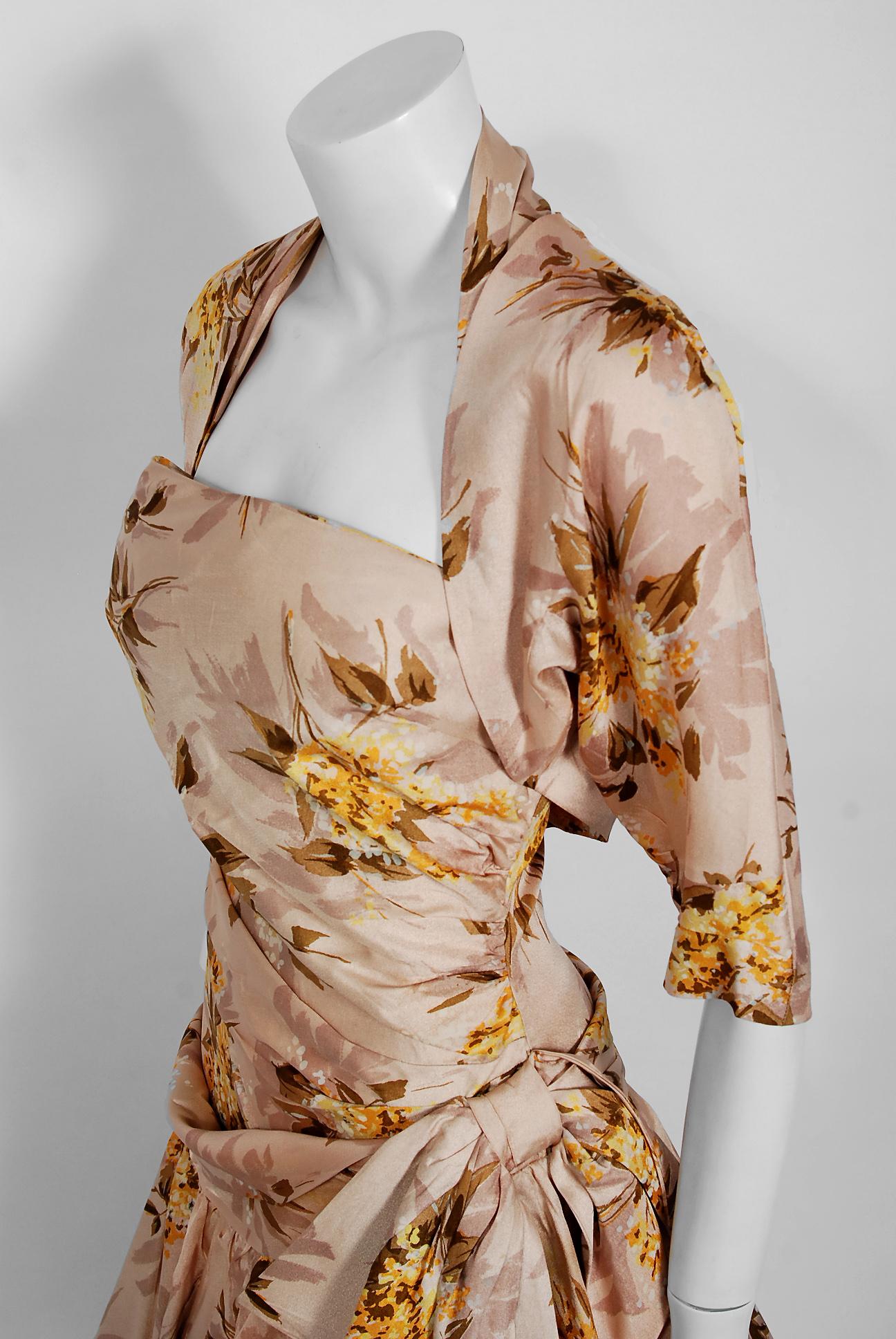 Women's 1950's Marigold Floral Print Rayon Ruched Halter Bow Circle-Skirt Dress & Bolero