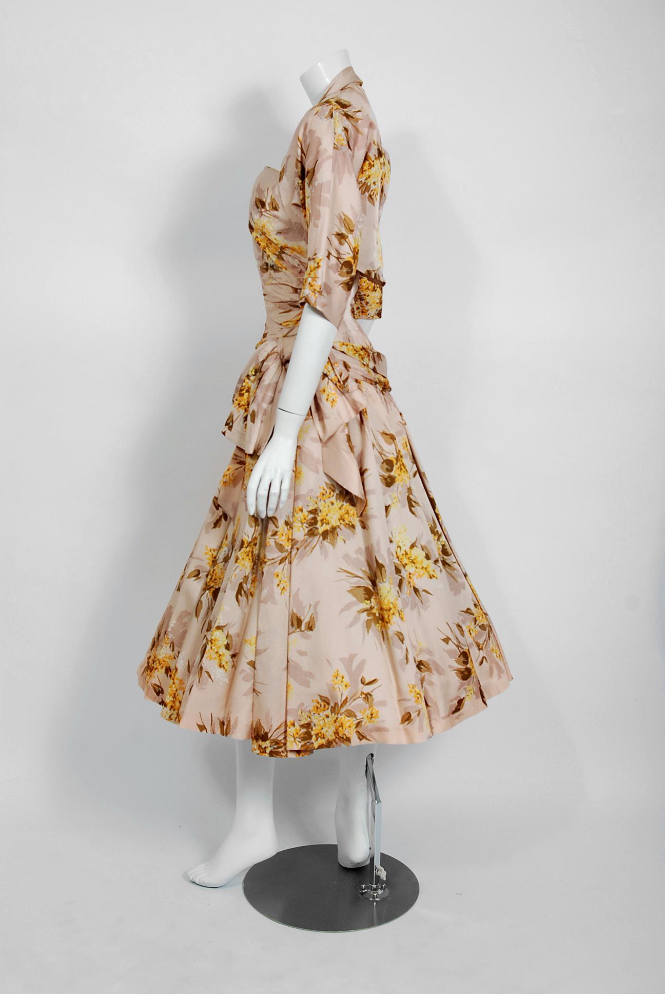 1950's Marigold Floral Print Rayon Ruched Halter Bow Circle-Skirt Dress & Bolero 3