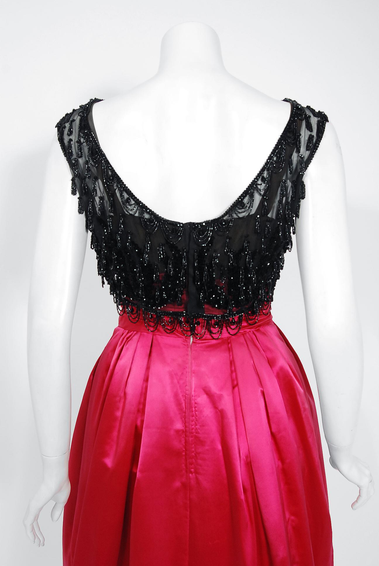 Vintage 1950s Fuchsia Pink Satin Beaded Illusion Couture Cocktail Dress w/ Shawl For Sale 2