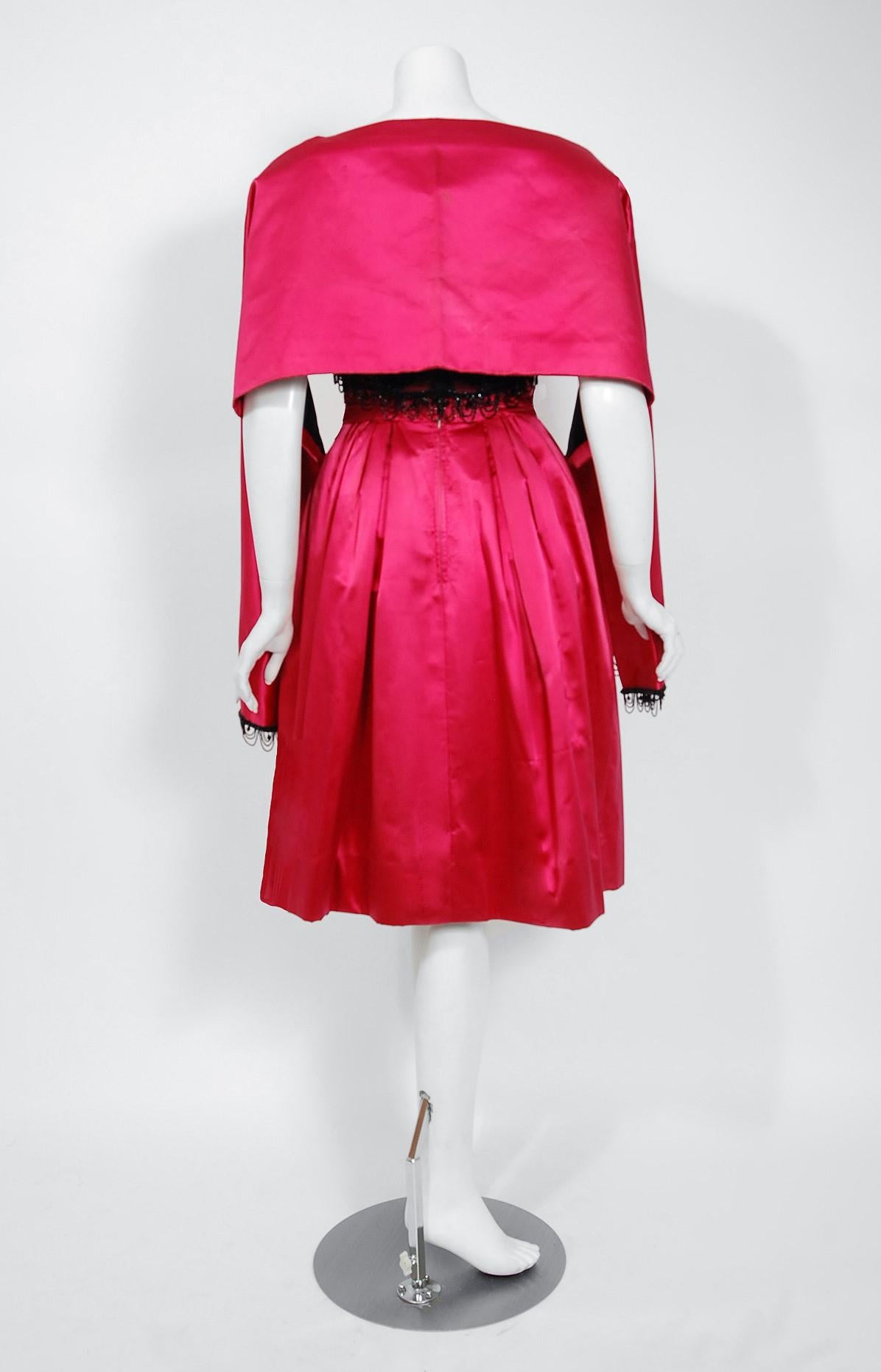 Vintage 1950s Fuchsia Pink Satin Beaded Illusion Couture Cocktail Dress w/ Shawl For Sale 4