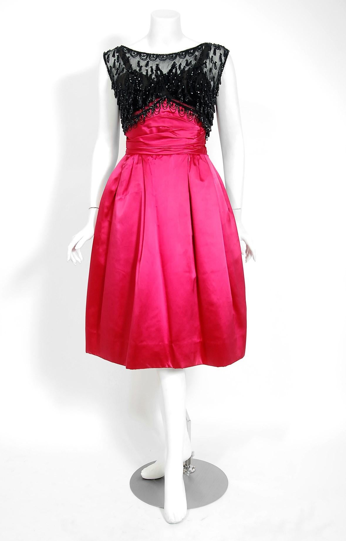 Vintage 1950s Fuchsia Pink Satin Beaded Illusion Couture Cocktail Dress w/ Shawl For Sale 1