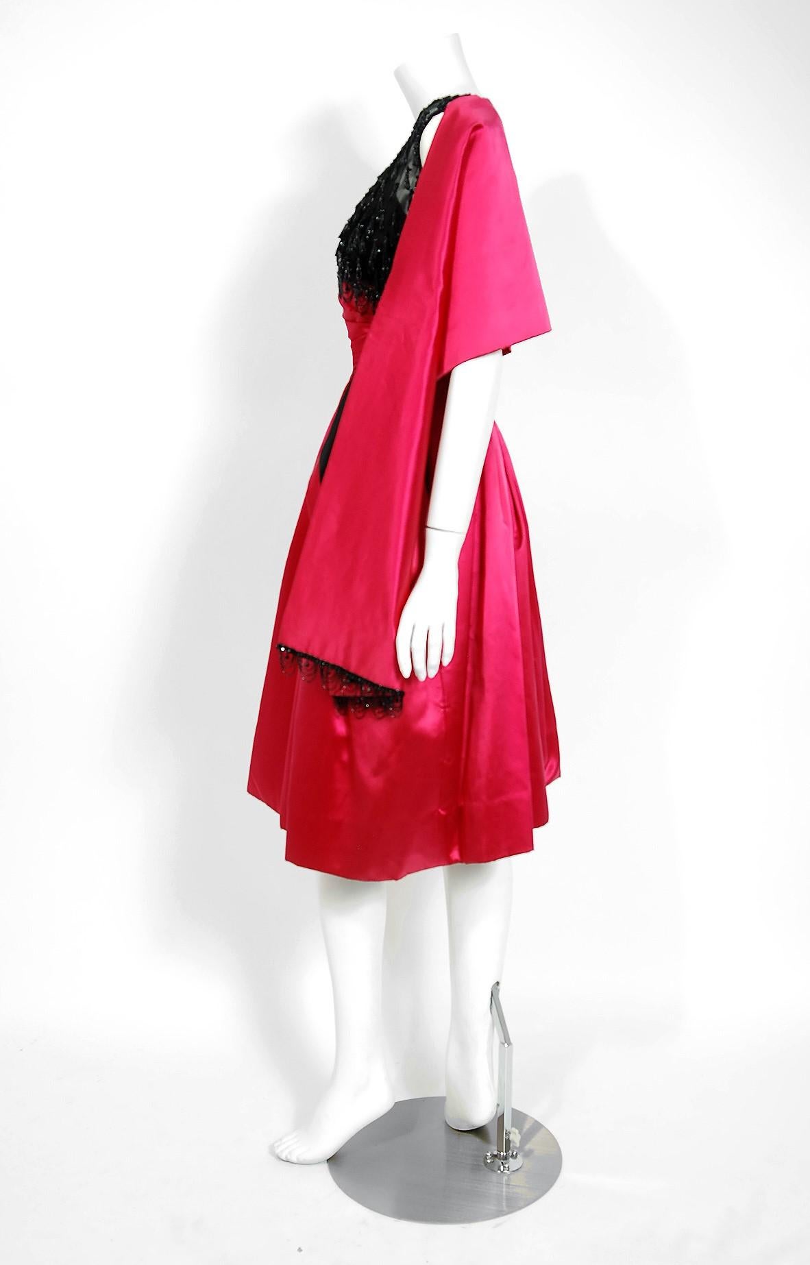 Vintage 1950s Fuchsia Pink Satin Beaded Illusion Couture Cocktail Dress w/ Shawl For Sale 3