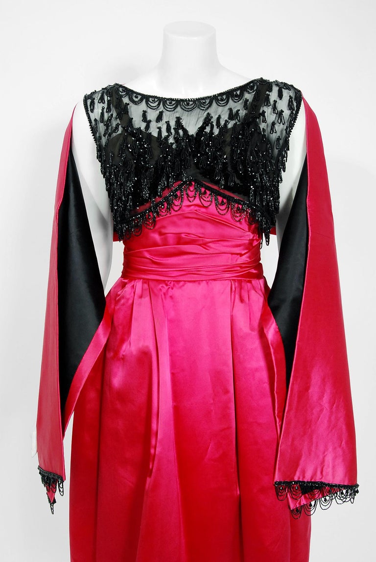 Women's Vintage 1950s Fuchsia Pink Satin Beaded Illusion Couture Cocktail Dress w/ Shawl For Sale