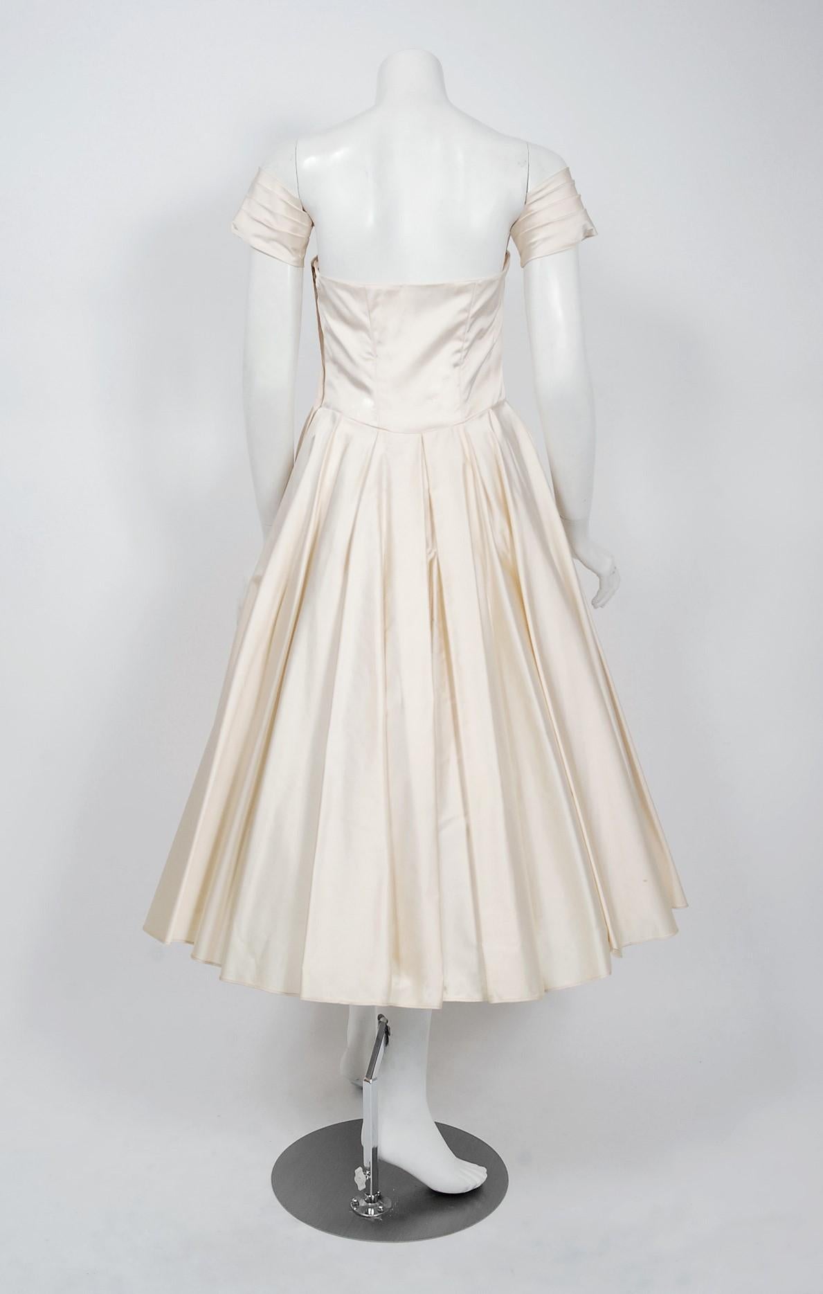 1950's Fred Perlberg Ivory Satin Ruched Sweetheart Circle-Skirt Dress w/ Tags 2