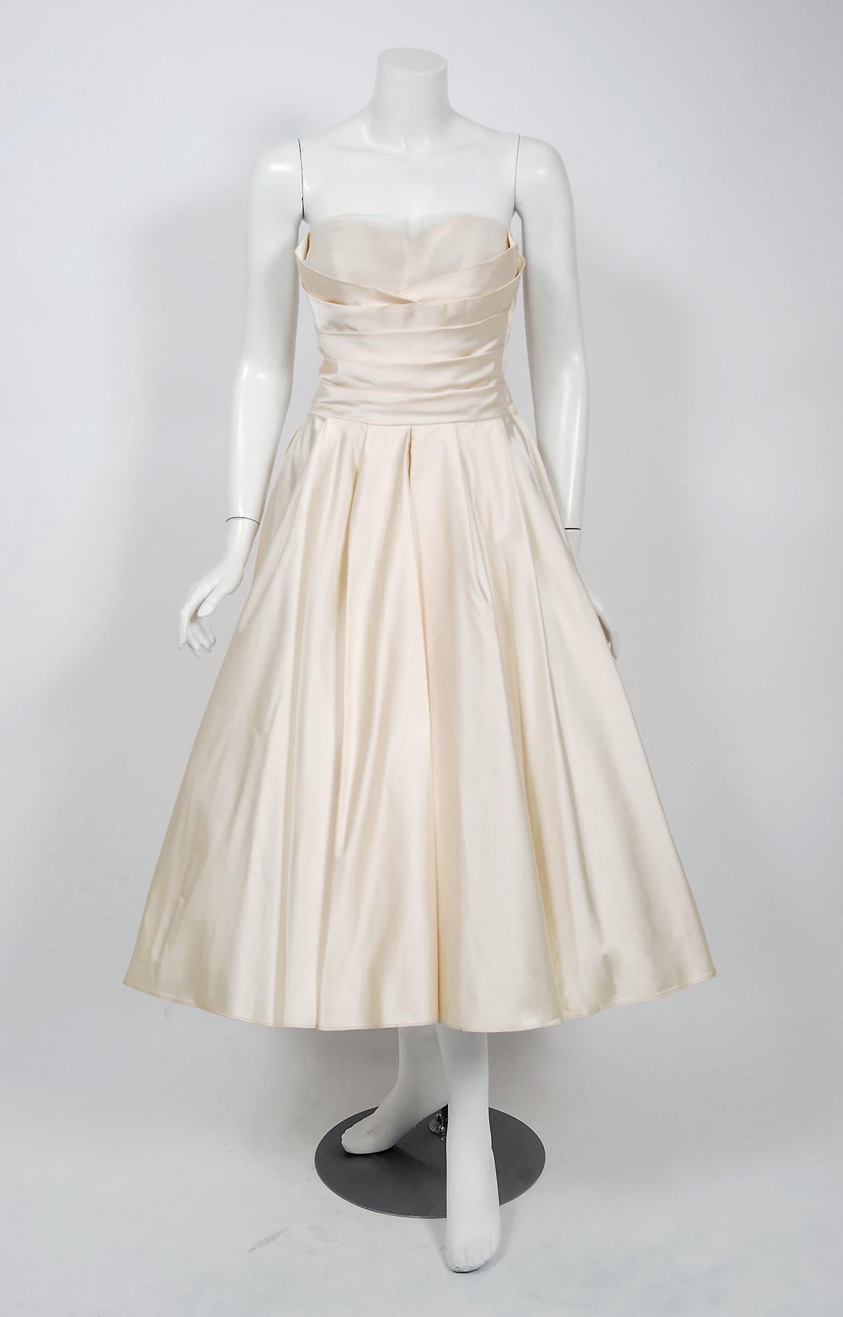 Women's 1950's Fred Perlberg Ivory Satin Ruched Sweetheart Circle-Skirt Dress w/ Tags