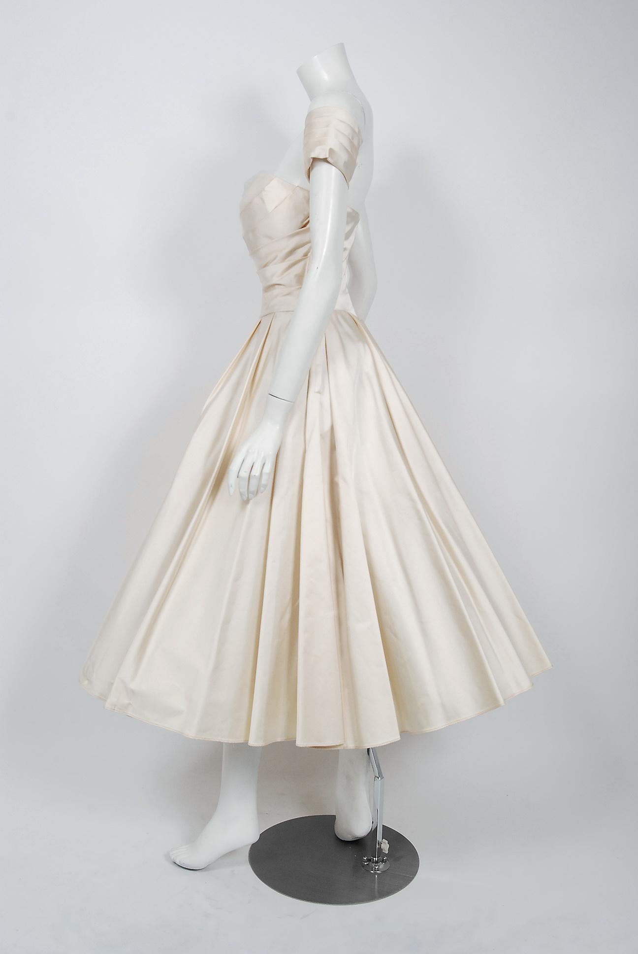 1950's Fred Perlberg Ivory Satin Ruched Sweetheart Circle-Skirt Dress w/ Tags 1