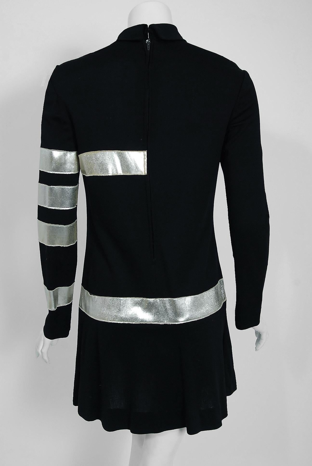 Women's 1960's Michael Mott for Paraphernalia Silver Mod Arrows Black Jersey Mini Dress