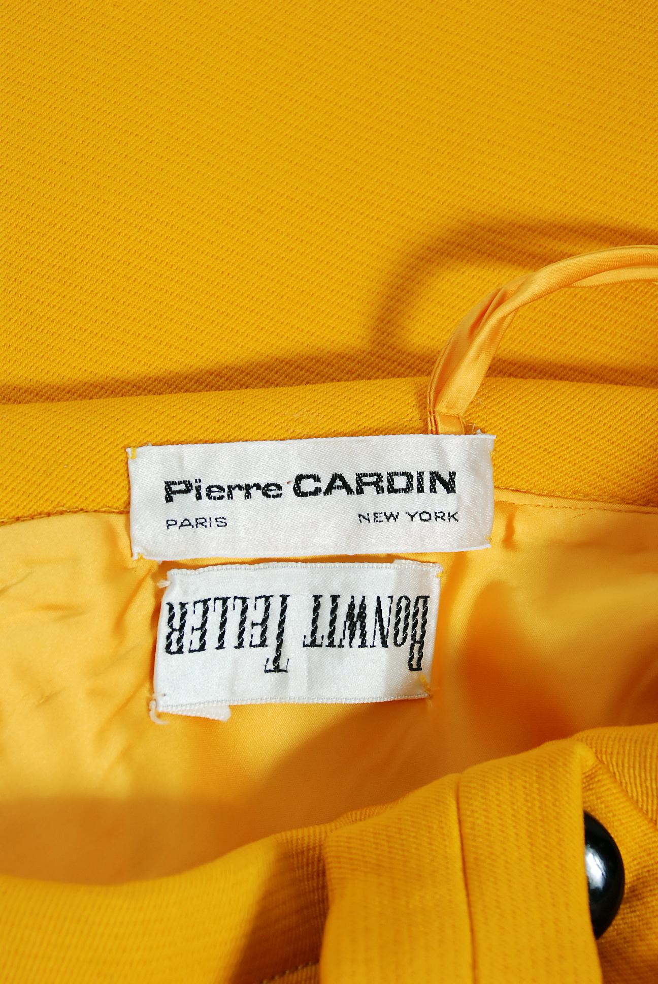 1969 Pierre Cardin Yellow Wool Black Patent Bullseye Mod Target Pinafore Dress 1