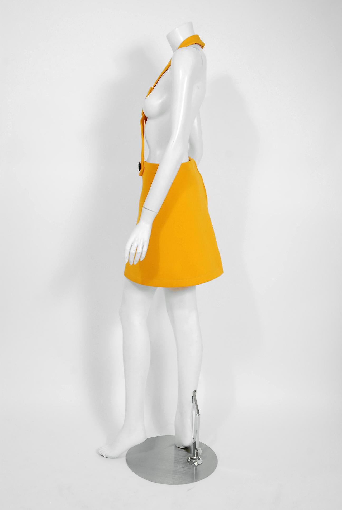 Orange 1969 Pierre Cardin Yellow Wool Black Patent Bullseye Mod Target Pinafore Dress