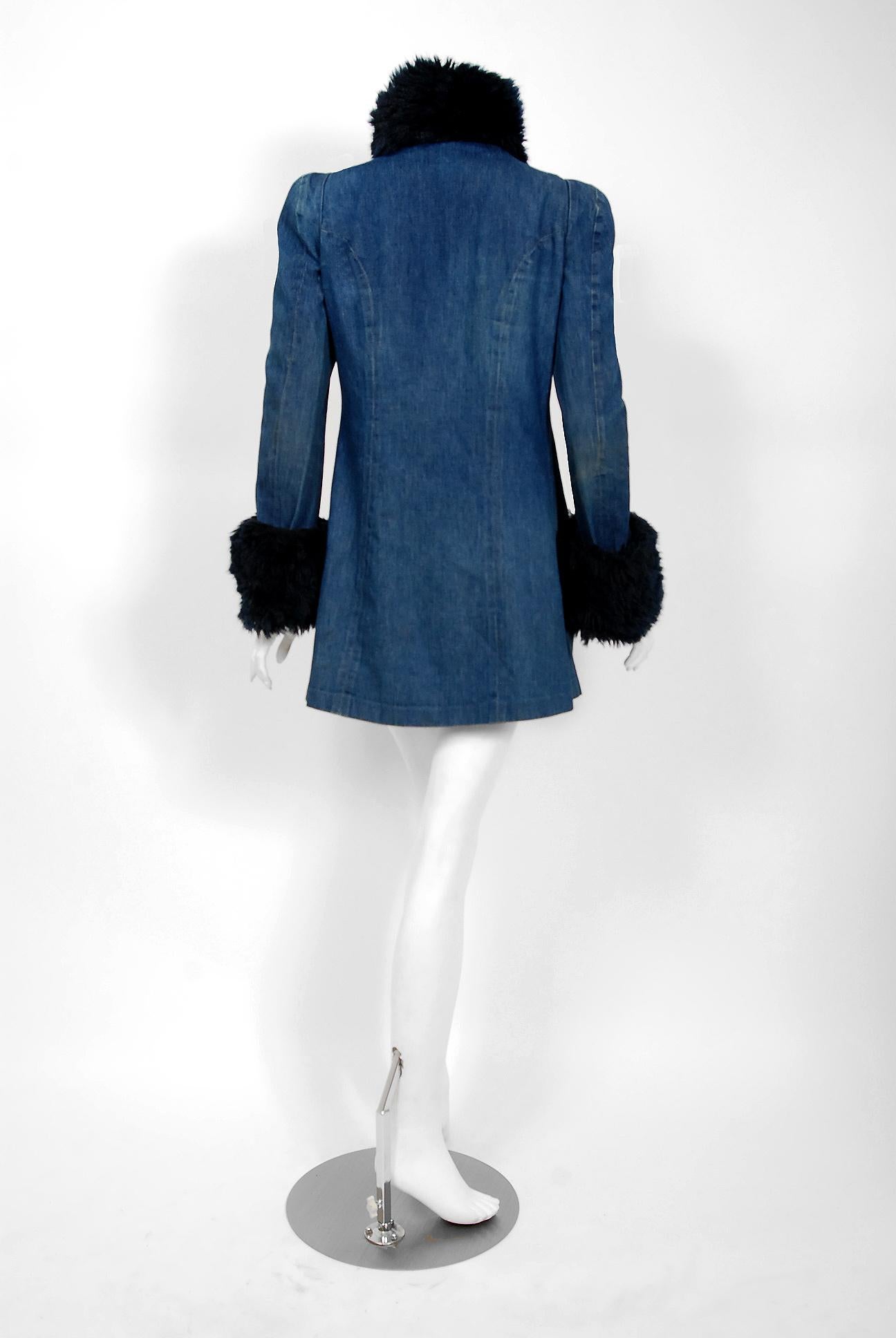 1975 Biba London Blue Denim and Faux-Fur Wide Cuff Sculpted Puff Shoulder Jacket 2