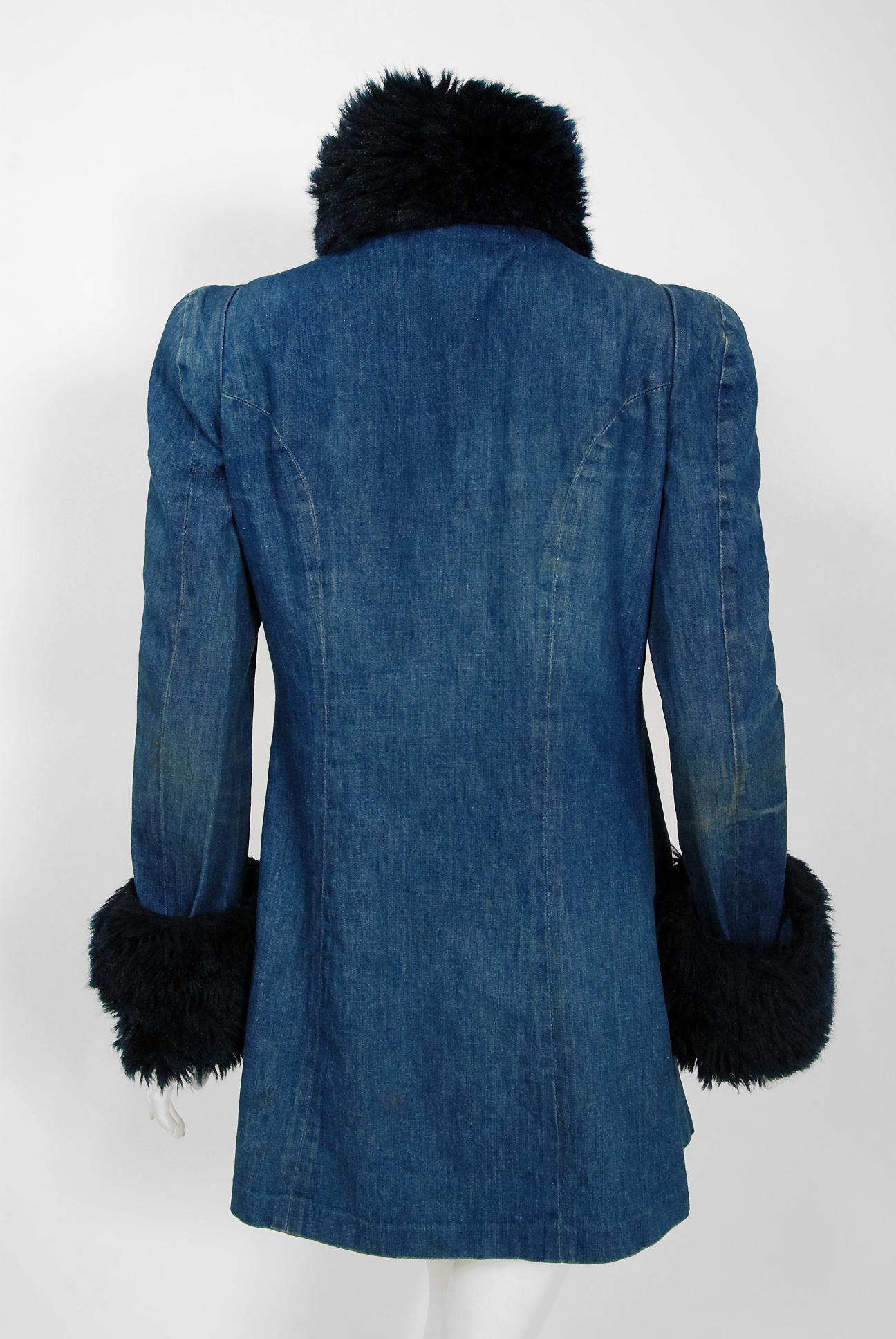 1975 Biba London Blue Denim and Faux-Fur Wide Cuff Sculpted Puff Shoulder Jacket 3