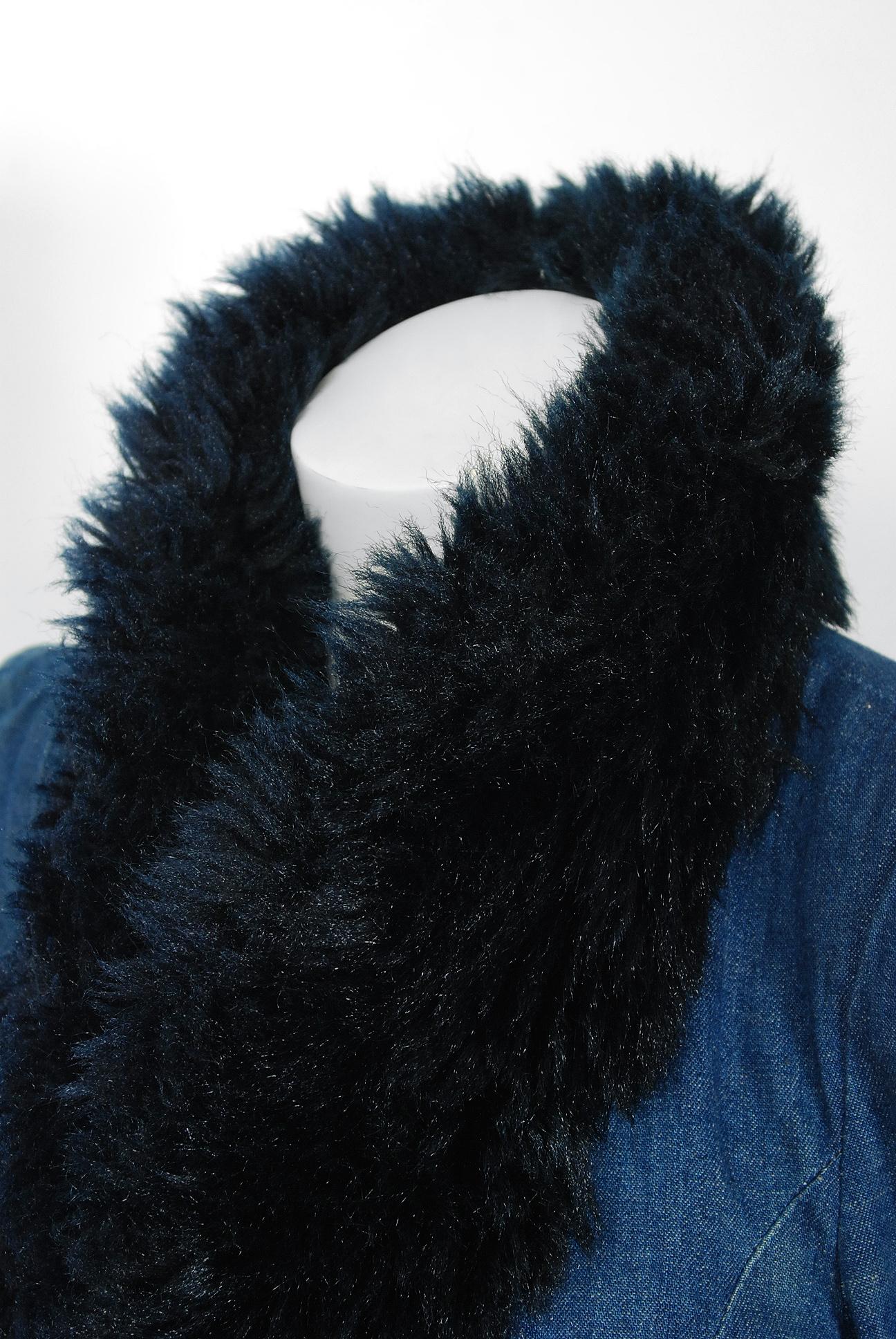 Black 1975 Biba London Blue Denim and Faux-Fur Wide Cuff Sculpted Puff Shoulder Jacket