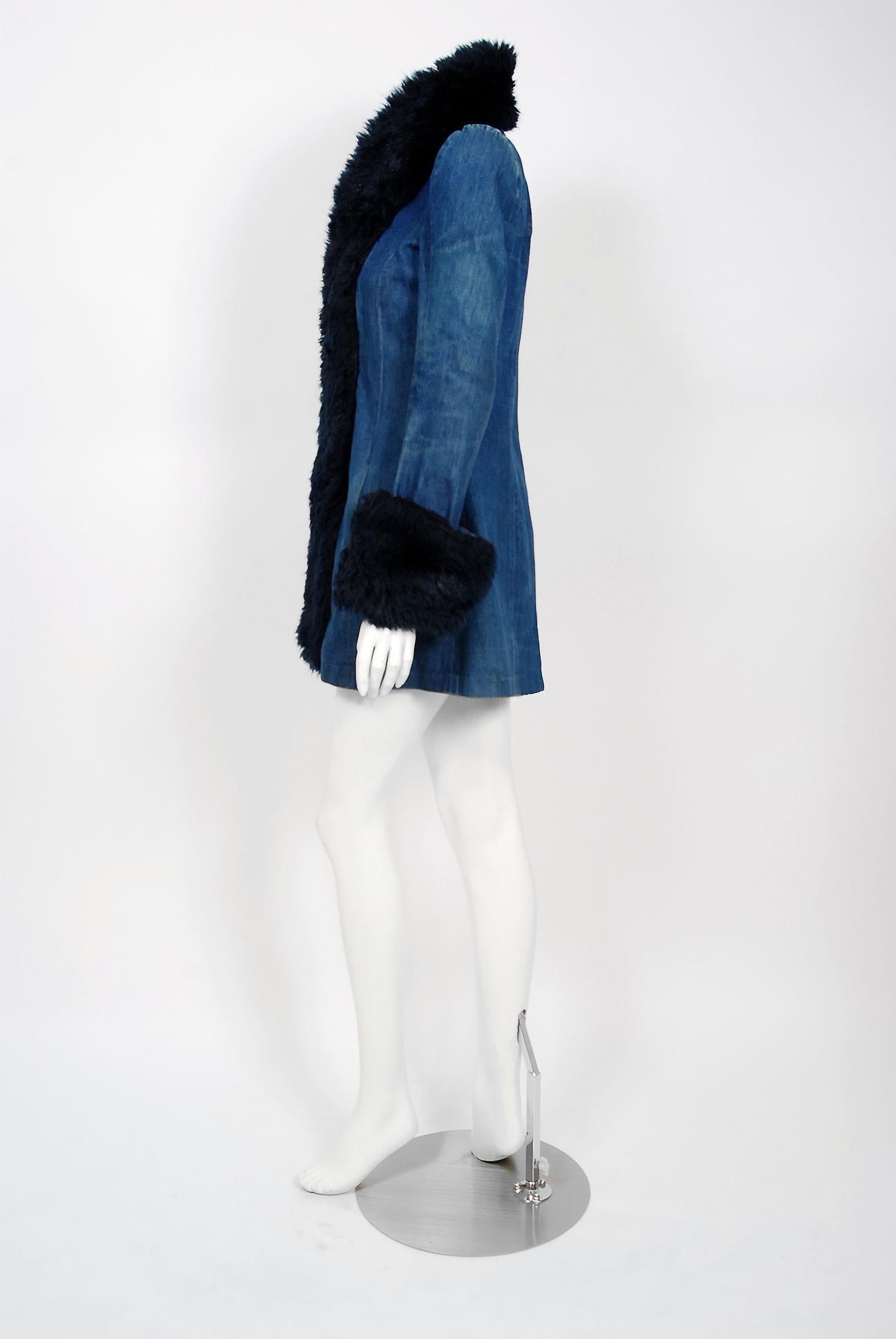 1975 Biba London Blue Denim and Faux-Fur Wide Cuff Sculpted Puff Shoulder Jacket 1