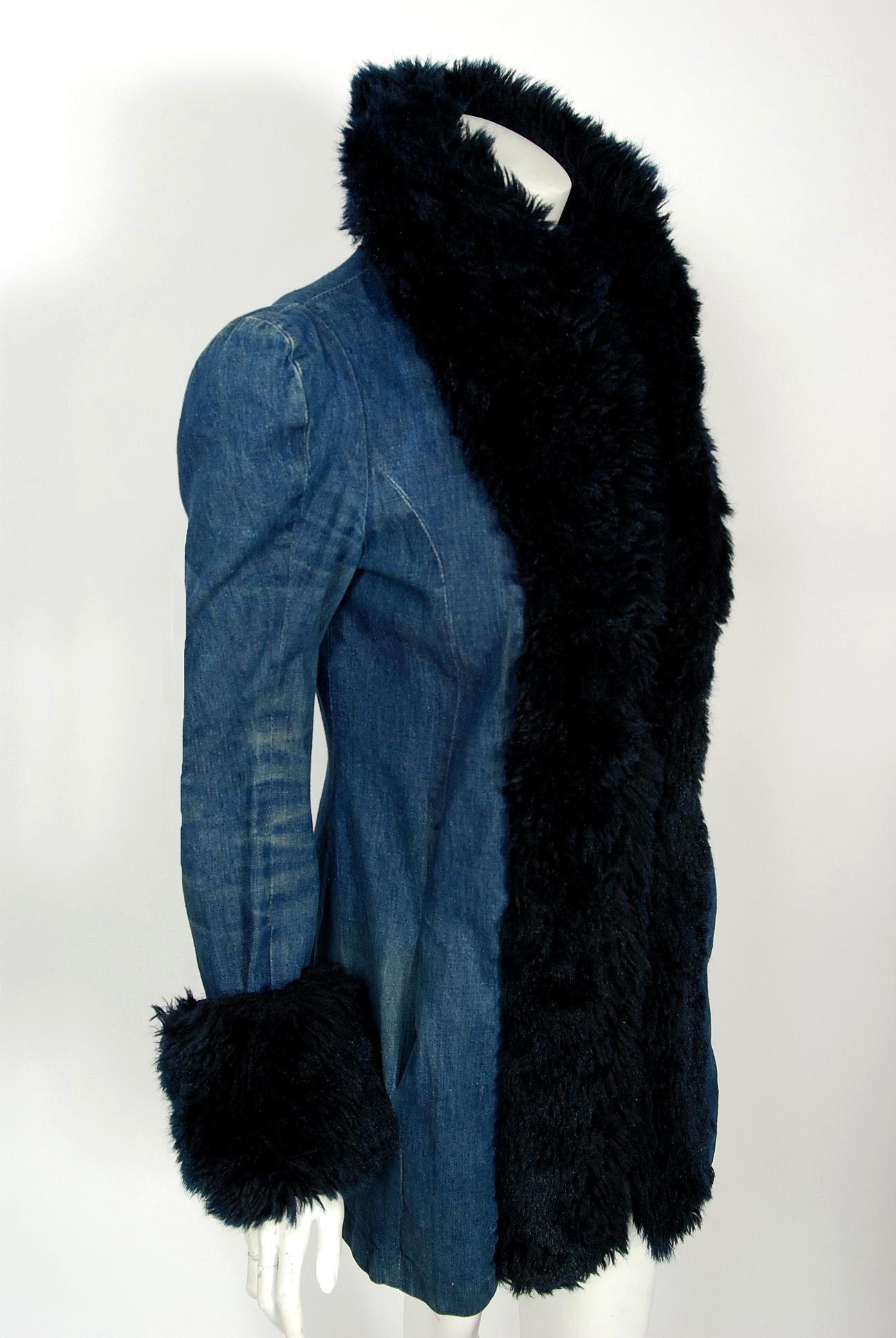 Women's or Men's 1975 Biba London Blue Denim and Faux-Fur Wide Cuff Sculpted Puff Shoulder Jacket