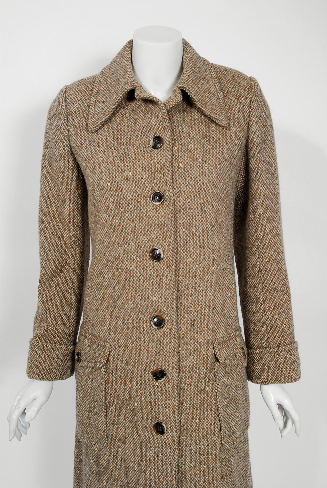 1973 Yves Saint Laurent Rive Gauche Autumn Brown Tweed Wide-Pocket Tailored Coat In Excellent Condition In Beverly Hills, CA