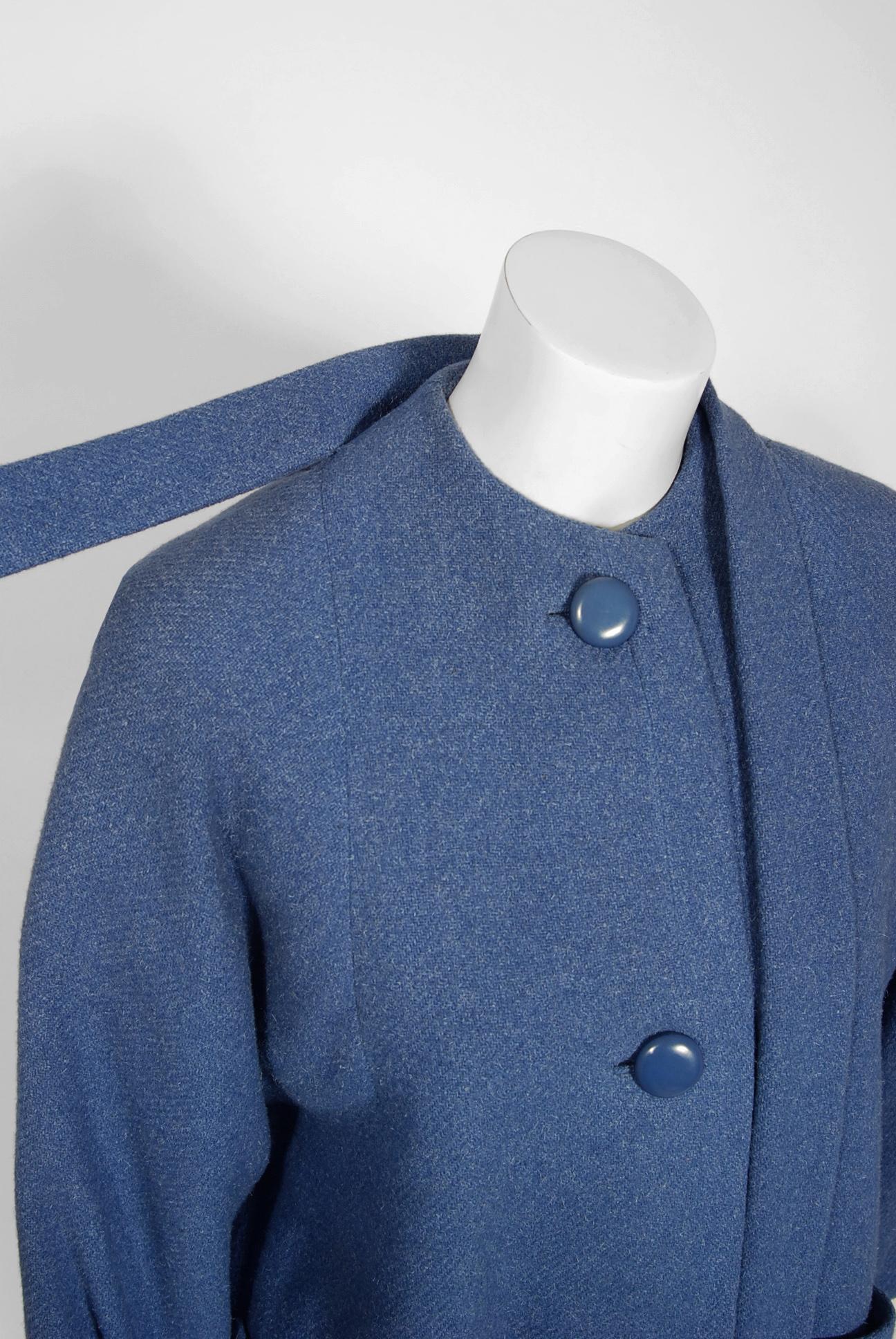 Vintage 1958 Yves Saint Laurent for Christian Dior Couture Documented Blue Coat In Good Condition In Beverly Hills, CA