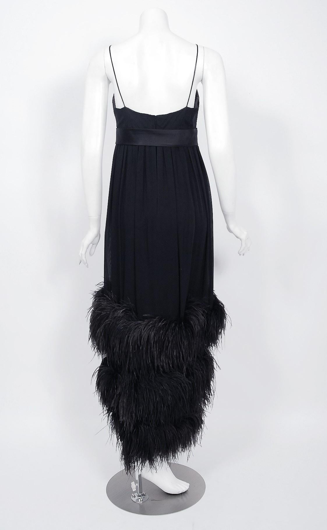 Vintage 1960's Bergdorf Couture Black Silk Ostrich Feather Empire Gown w/ Shawl 1