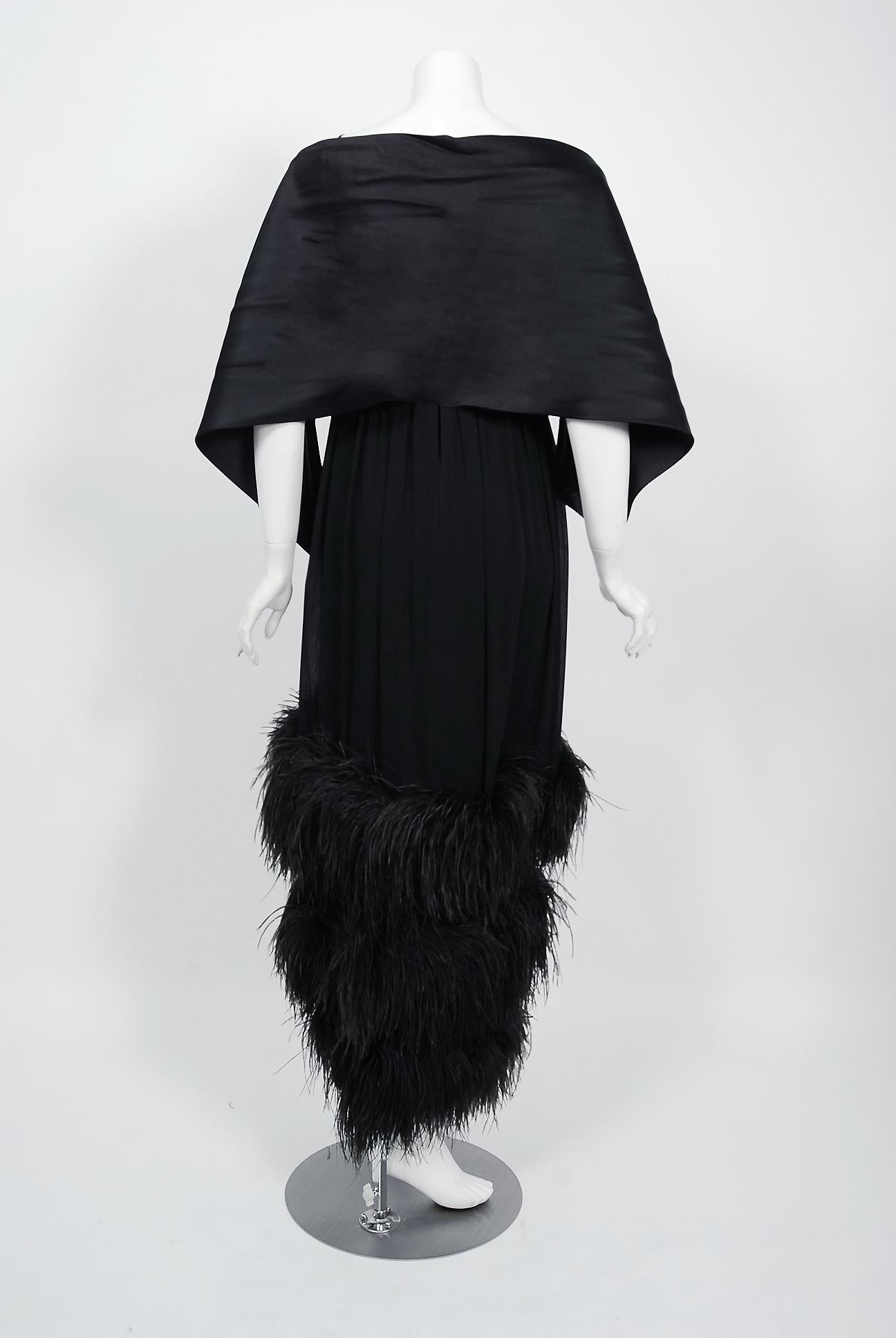 Women's Vintage 1960's Bergdorf Couture Black Silk Ostrich Feather Empire Gown w/ Shawl