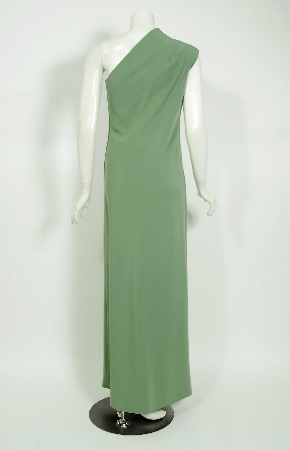 Women's Vintage 1960's Pauline Trigere Seafoam Green Crepe One-Shoulder Gown & Fur Wrap For Sale