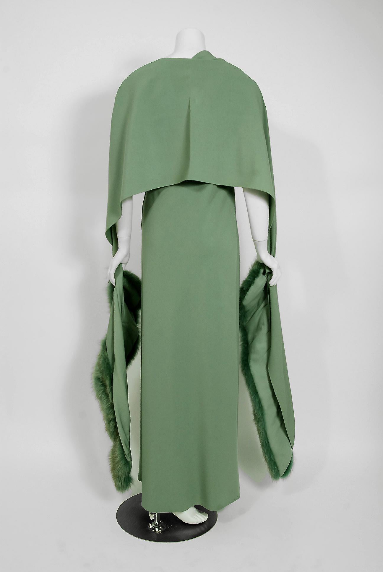 Gray Vintage 1960's Pauline Trigere Seafoam Green Crepe One-Shoulder Gown & Fur Wrap For Sale