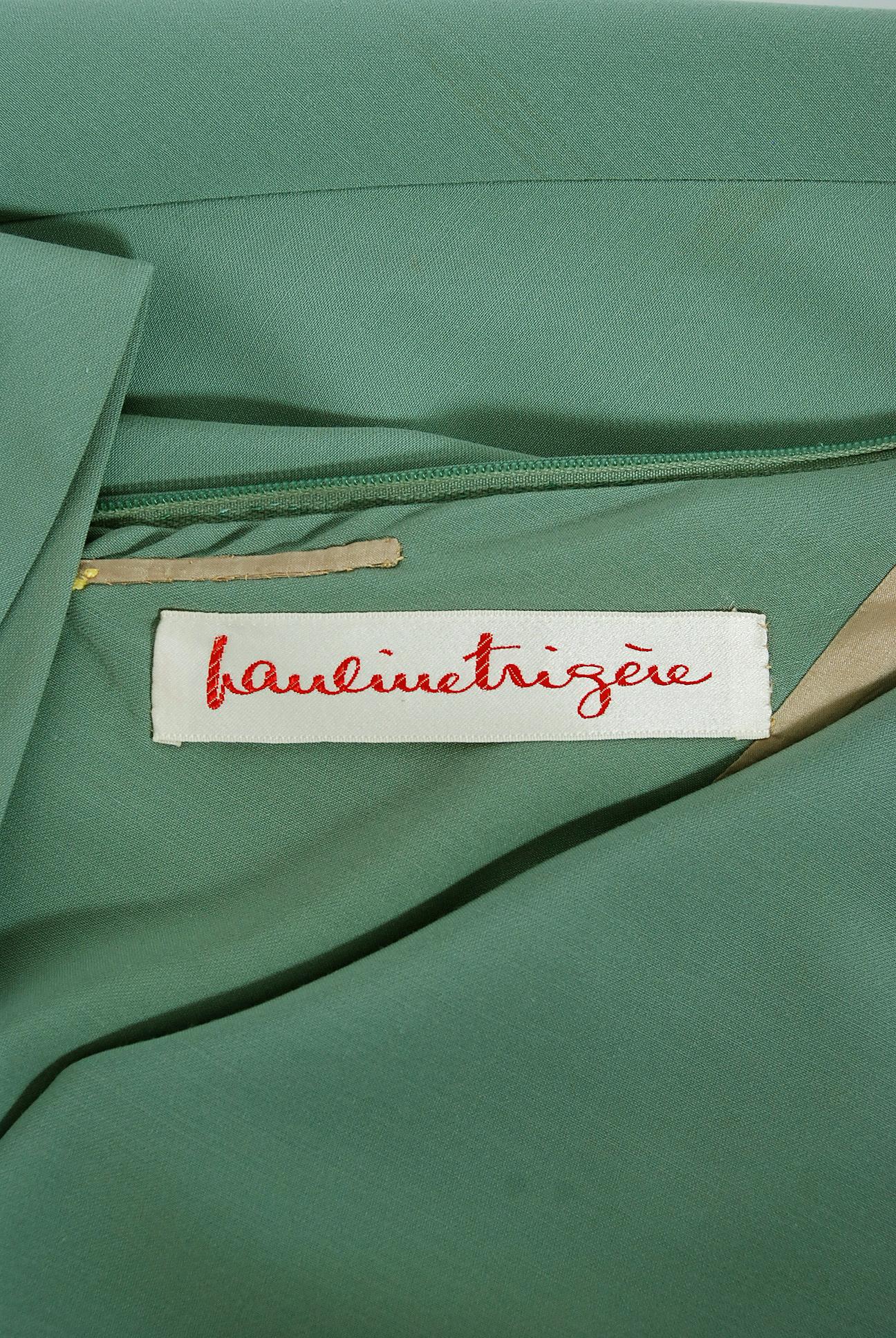 Vintage 1960's Pauline Trigere Seafoam Green Crepe One-Shoulder Gown & Fur Wrap For Sale 3