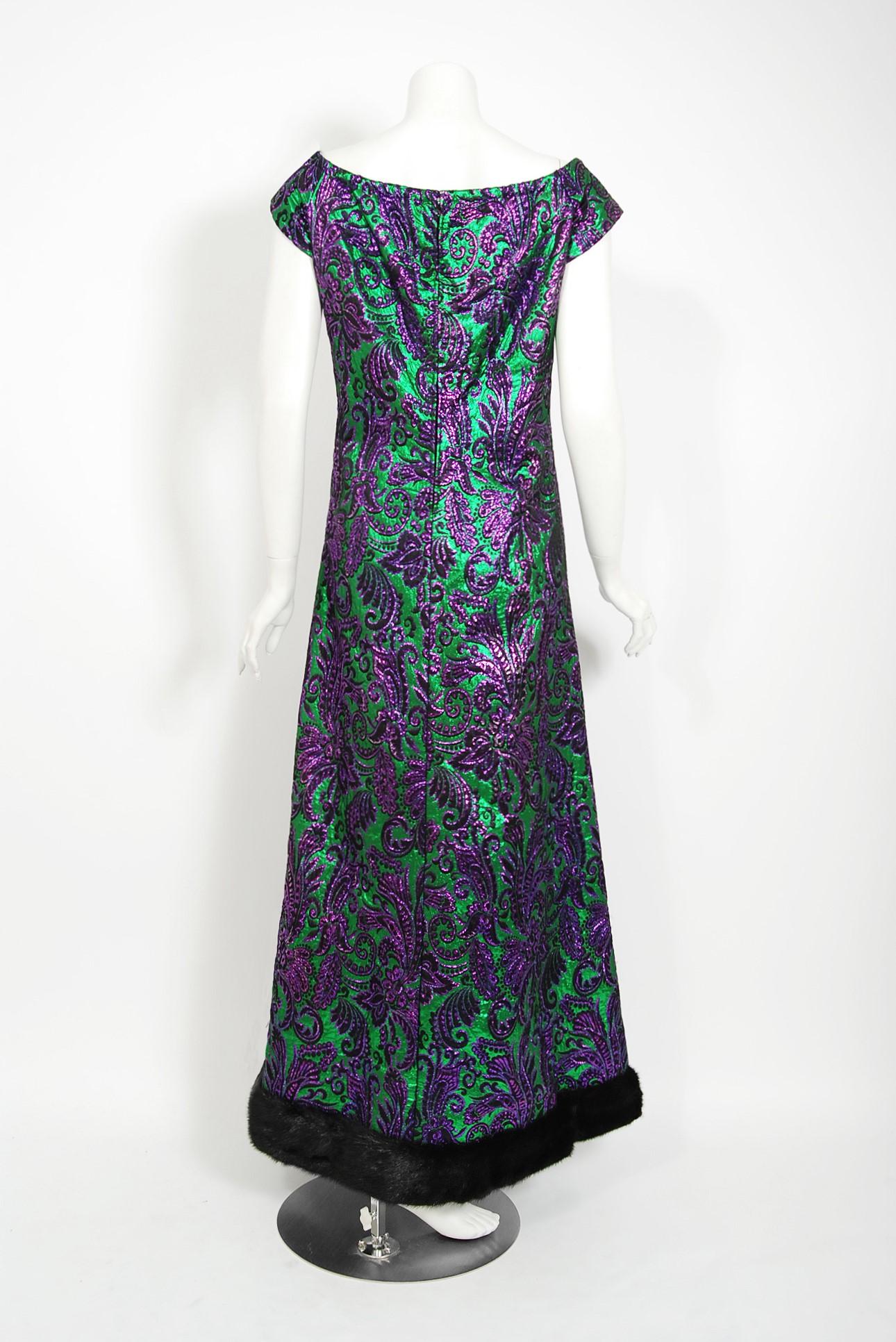 Black Vintage 1968 Oscar de la Renta for Jane Derby Green Purple Brocade Mink Fur Gown