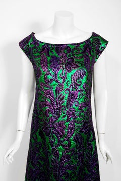 Vintage 1968 Oscar de la Renta for Jane Derby Green Purple Brocade Mink Fur Gown