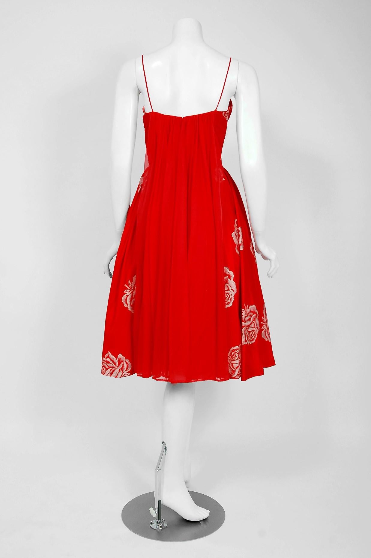 Women's 1950's Lorrie Deb Metallic Roses Print Red Taffeta Shelf-Bust Full Party Dress