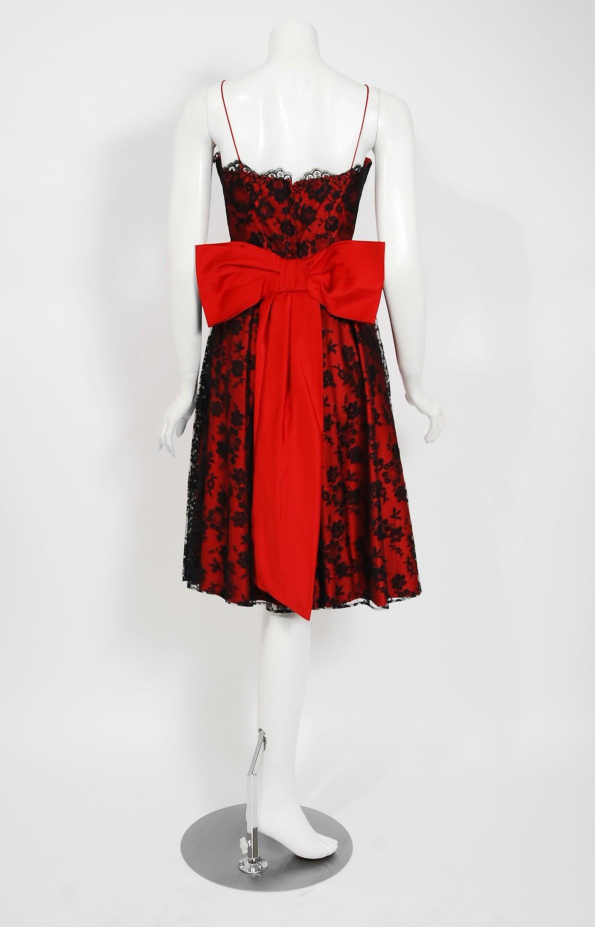 Vintage 1950's Ceil Chapman Red Satin & Black Scalloped Lace Back-Bow Full Dress 1