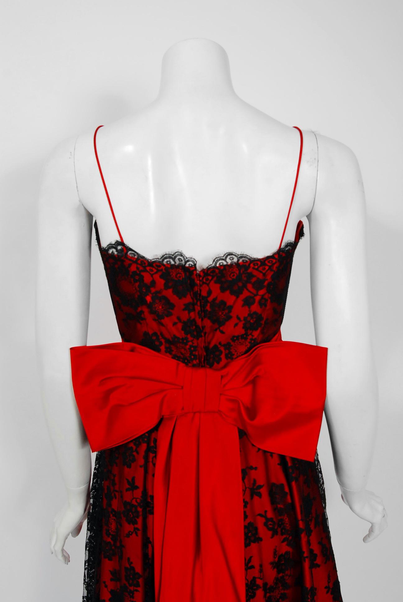Vintage 1950's Ceil Chapman Red Satin & Black Scalloped Lace Back-Bow Full Dress 2