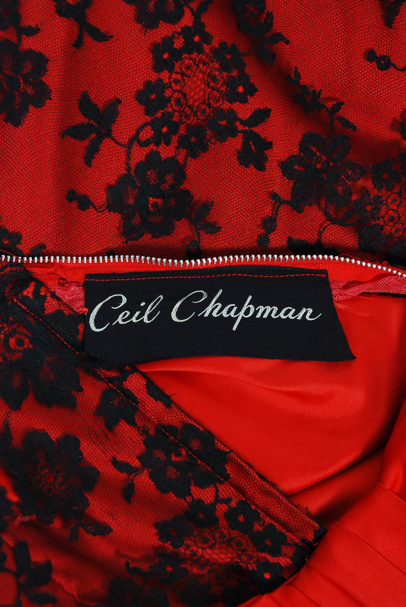 Vintage 1950's Ceil Chapman Red Satin & Black Scalloped Lace Back-Bow Full Dress 3