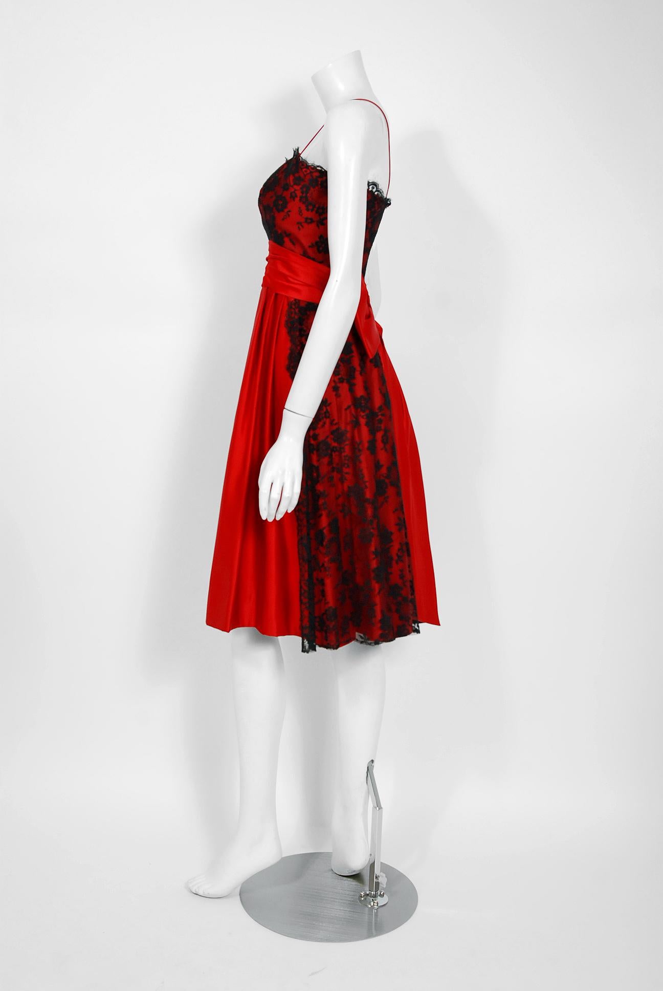 Women's Vintage 1950's Ceil Chapman Red Satin & Black Scalloped Lace Back-Bow Full Dress