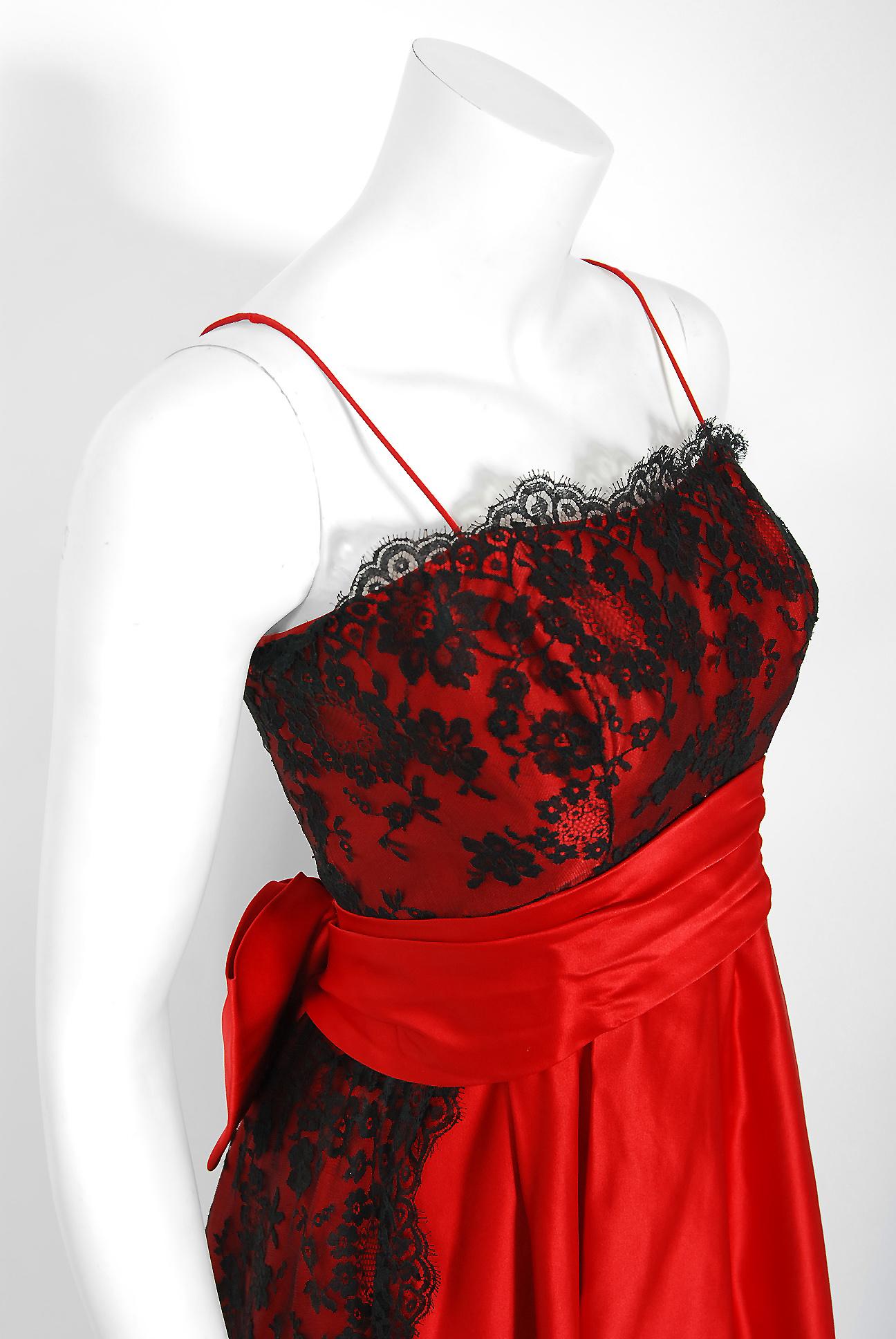 red satin lace dress
