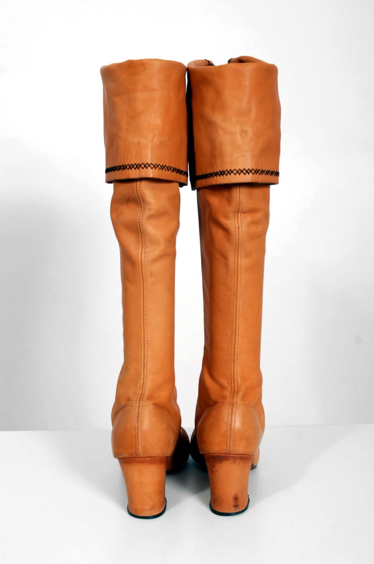 Vintage 1970's Tan Brown Leather Wide-Cuff Knee High Bohemian Pirate Boots   1