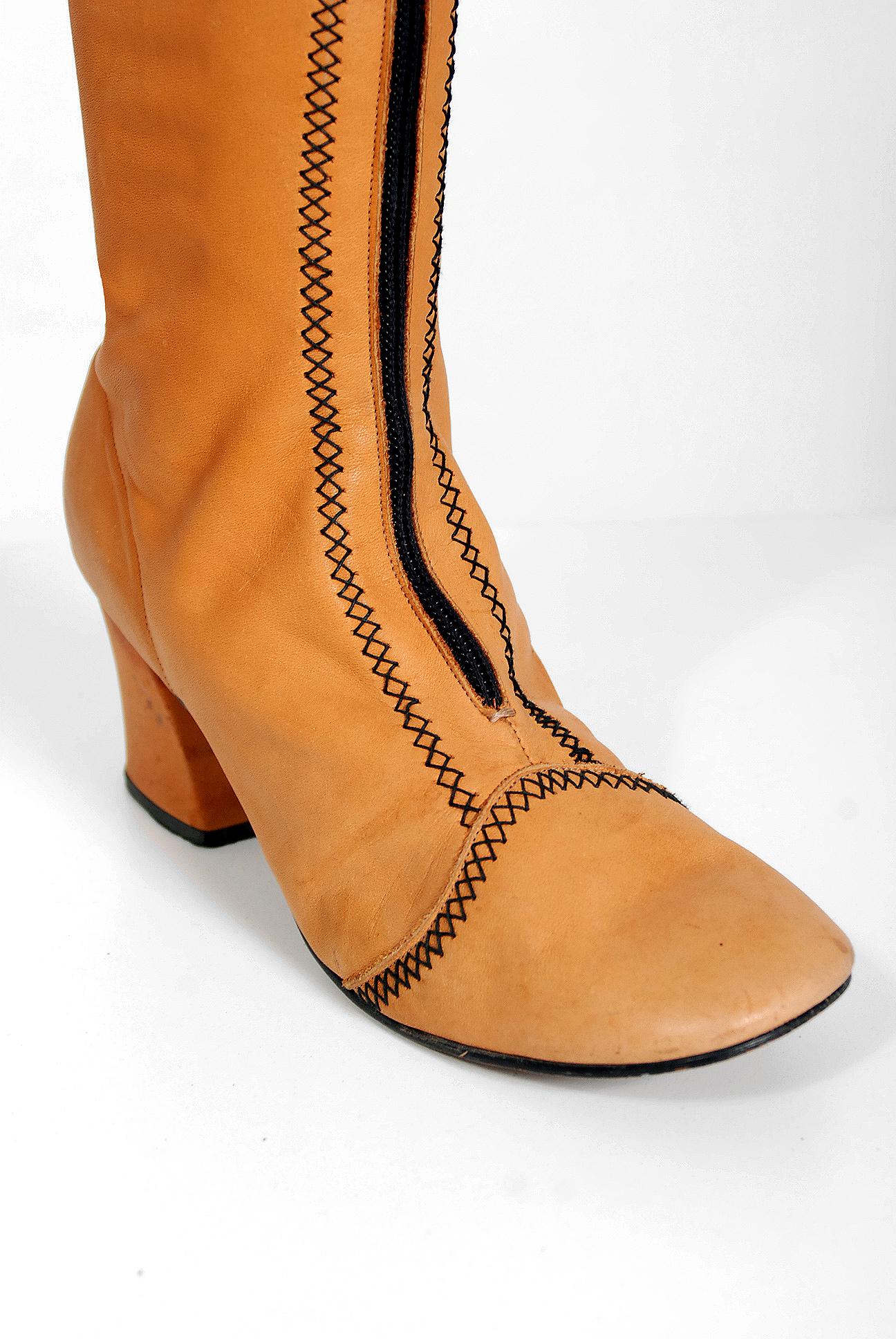 Vintage 1970's Tan Brown Leather Wide-Cuff Knee High Bohemian Pirate Boots   In Good Condition In Beverly Hills, CA