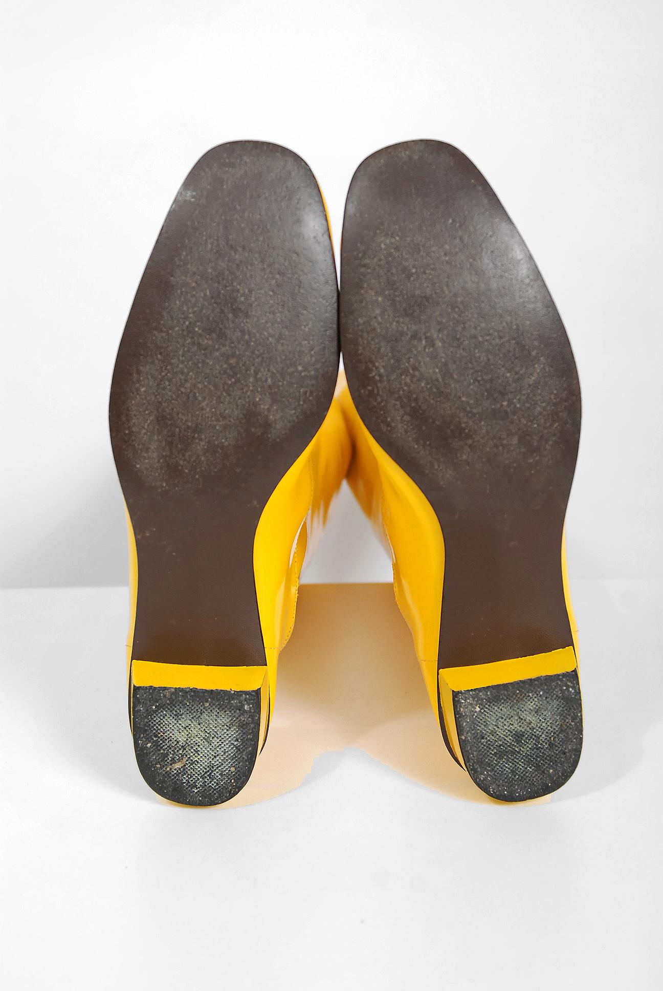 1960's Sunshine Yellow Vinyl Over-The-Knee Pull On Space Age Mod Boots In Excellent Condition In Beverly Hills, CA