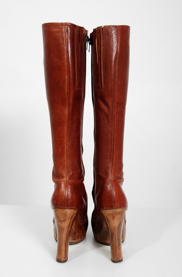 1970 S Sbicca Designer Sienna Brown Leather Wood Platform Heel Knee