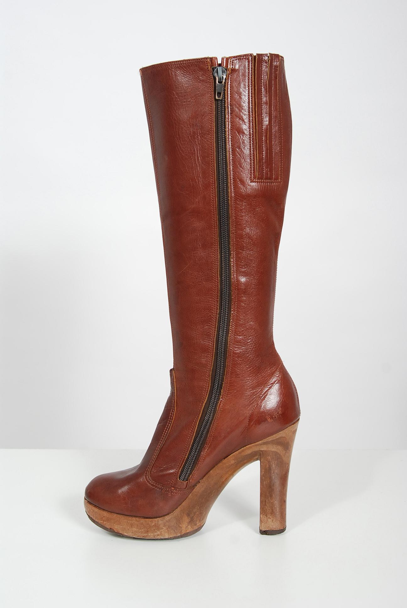 1970's Sbicca Designer Sienna Brown Leather Wood Platform Heel Knee-High Boots  In Good Condition In Beverly Hills, CA