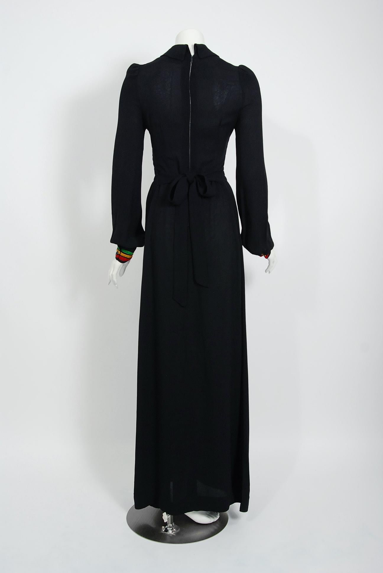 1975 Ossie Clark for Radley Traffic-Light Stripe Black Crepe Smocked Maxi Dress  3