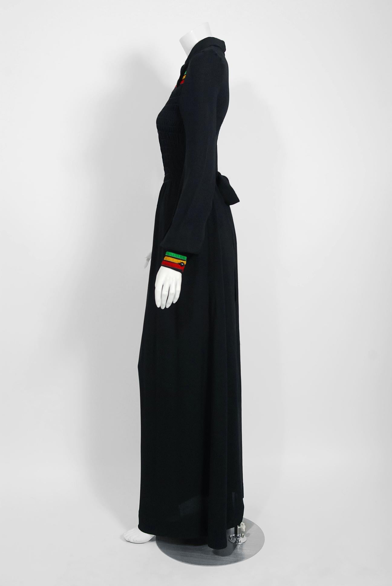 1975 Ossie Clark for Radley Traffic-Light Stripe Black Crepe Smocked Maxi Dress  1