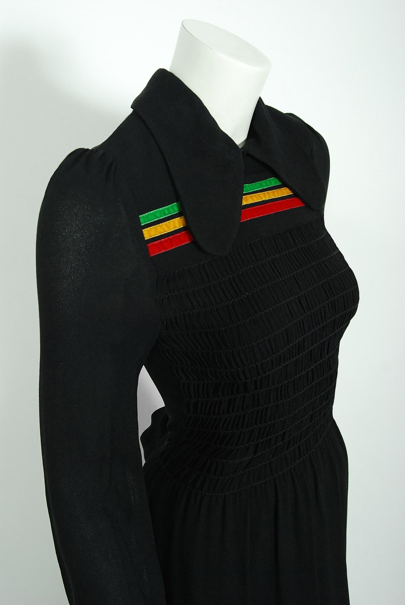 1975 Ossie Clark for Radley Traffic-Light Stripe Black Crepe Smocked Maxi Dress  In Good Condition In Beverly Hills, CA